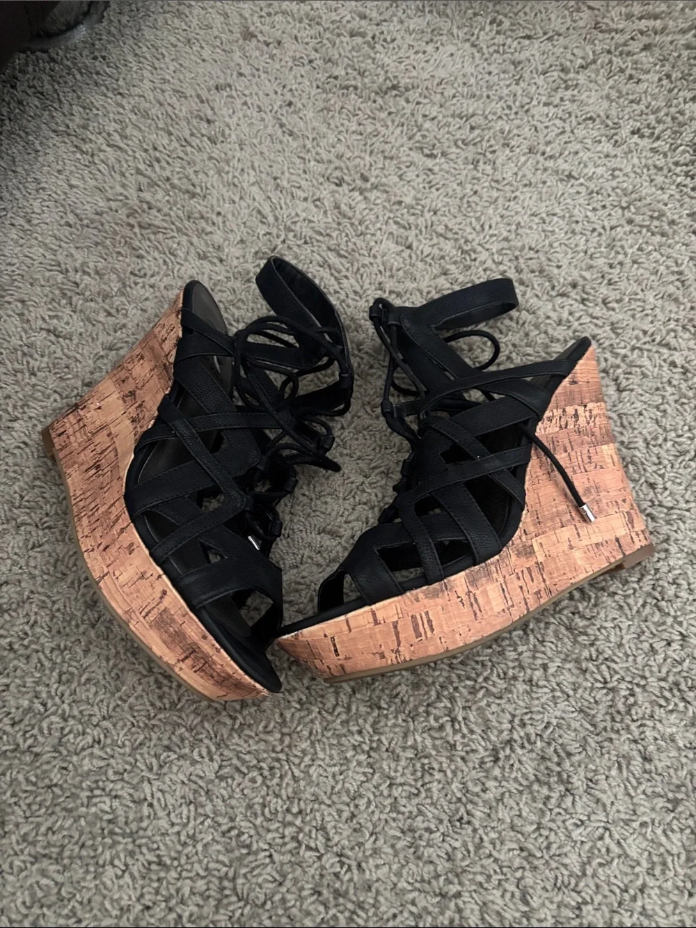GUESS Black Lace-Up Cutout Wedge Sandals